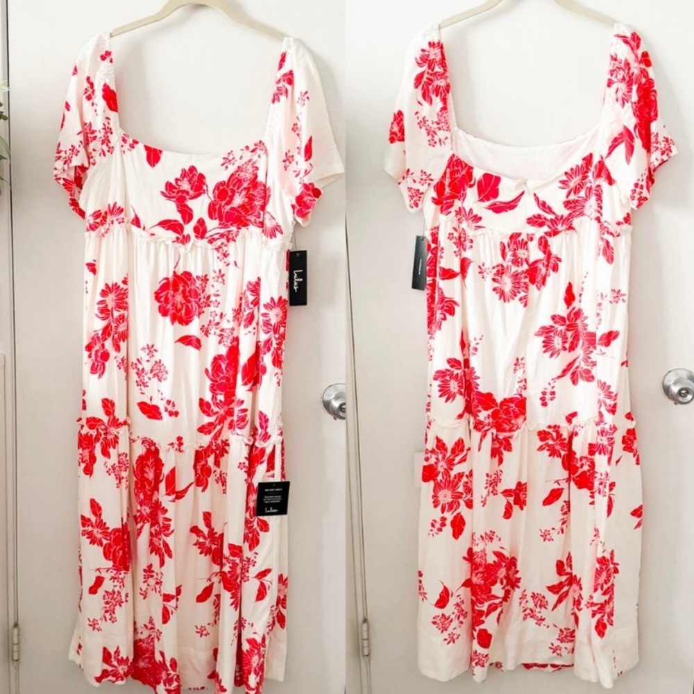 NEW LULUS On Island Time Red and White Floral Print Tiered Midi Dress XL - Picture 2 of 2